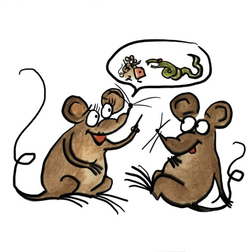 Coloured ink drawing of Minimus and Minima the Latin mice, sharing a story