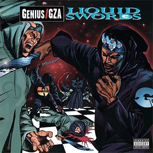 cover art for liquid swords, the album from GZA of the Wu Tang

It has like a comic book / anime type style and features two figures fighting on the cover with some more people fighting in the background with various weapons like swords and knives and chains