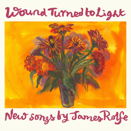 Cover of James Rolfe’s Redshift Records album “Wound Turned to Light”, featuring a painting of brightly colored flowers in a vase, on a yellow and orage background.
