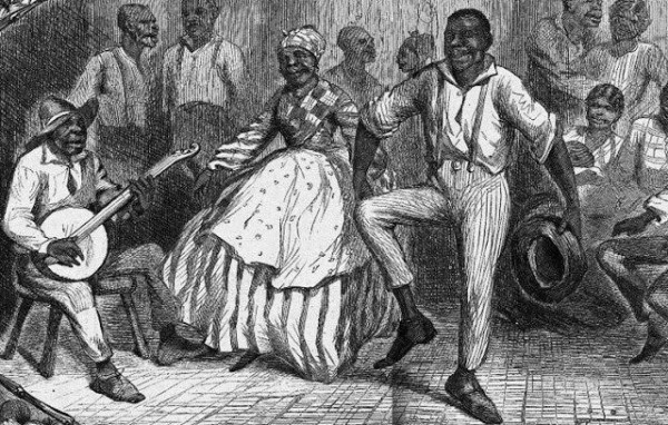 Black and white sketch of black American man and woman dancing together in a circle. 19th century.
