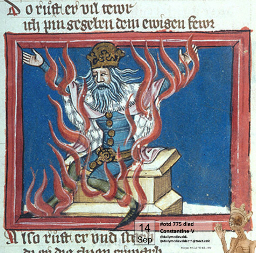 Image from a medieval manuscript: The emperor is sitting on a bench with his mouth open, arms raised, it looks as if he is on fire.