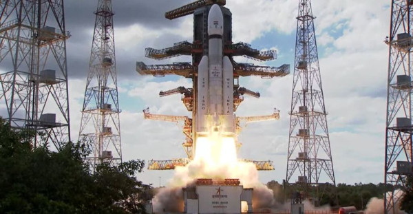 An LVM-3 rocket carrying the Chandrayaan-3 spacecraft lifts off from Satish Dhawan Space Centre on July 14, 2023. Credit: ISRO/Youtube