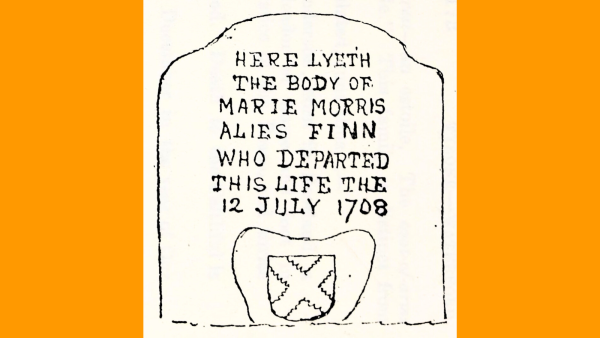 Drawing of a gravestone with an inscription and a coat of arms carved on it.