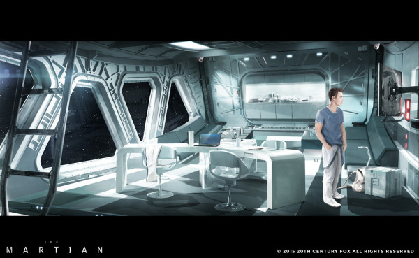 Hollywood movie idea of a space station from "The Martian", all cool white designer furniture and giant panes of glass with a spectacular starscape view. Also rotating for spin gravity.