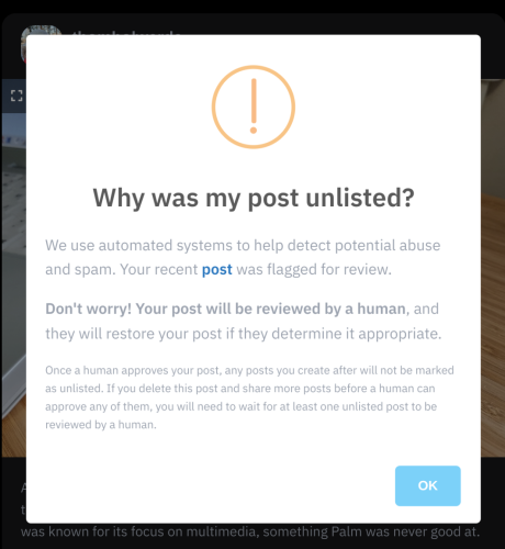"Why was my post unlisted?" message on Pixelfed.