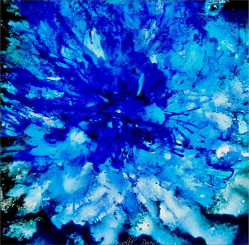 An alcohol ink painting of a bright blue carnation in a very close-up view.