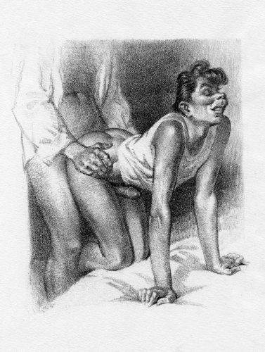 A black and white drawing of a man and woman having sex. The woman is on all fours on a bed with the man standing right behind her, his erect penis has been pushed between her thighs so that the shaft is rubbing against her vulva as he humps her. She is smiling, her eyes closed. We cannot see his face, only his body. His hands are on either side of her hips.