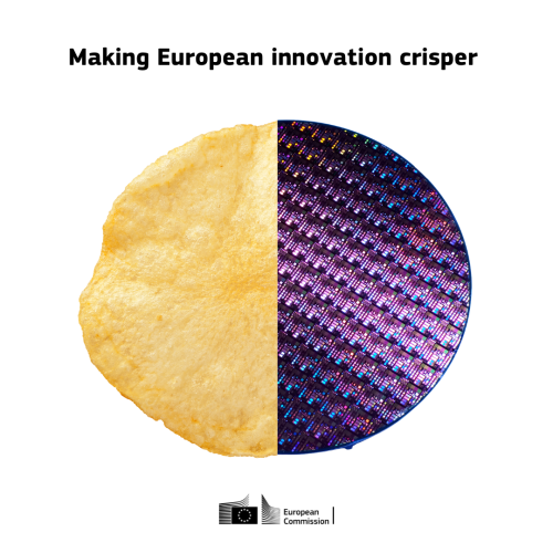 A graphic design with a circle at the centre composed of two halves: one is a potato chip and the other is a chip wafer. 

Above the circle, the slogan ‘Making European innovation crisper’. 

Below the circle, the European Commission logo is displayed.