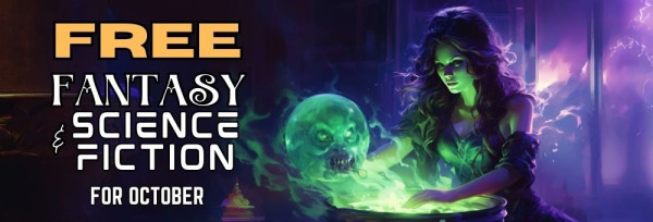 Promotional Image for the Free Fantasy & Science Fiction Bookfunnel offer for October.

The image shows a young woman with long, wave  hair and a skimpy dress holding a ghostly skill with alien teeth. She's bathed in eerie green light emanating from the cauldron in front of her.

The background is purple fading into black behind the text.