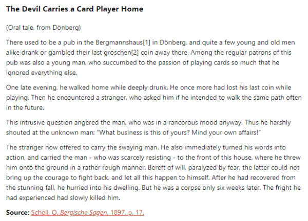 German folk tale "The Devil Carries a Card Player Home". Drop me a line if you want a machine-readable transcript!