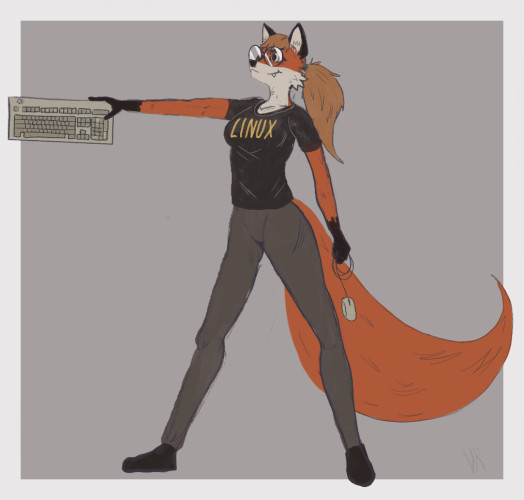 A picture of an anthropomorphic fox wearing glasses and holding an IBM mouse and keyboard aggressively. She is wearing a black shirt that says Linux and gray khakis.