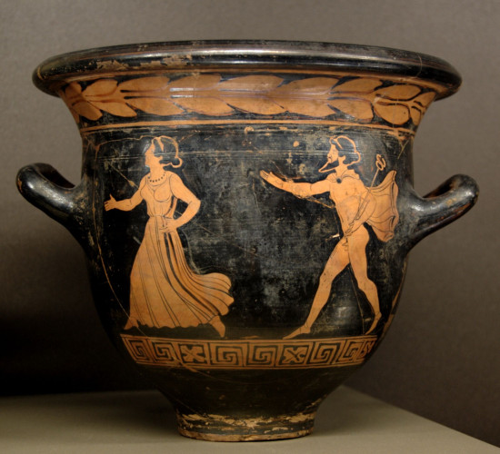 Red-figure vase painting of the god Hermes following a woman.