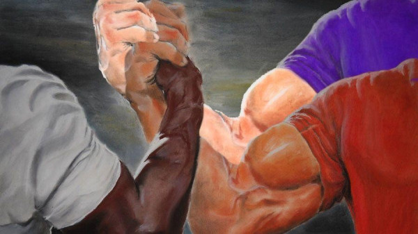 The epic handshake meme with a third arm photoshopped in.