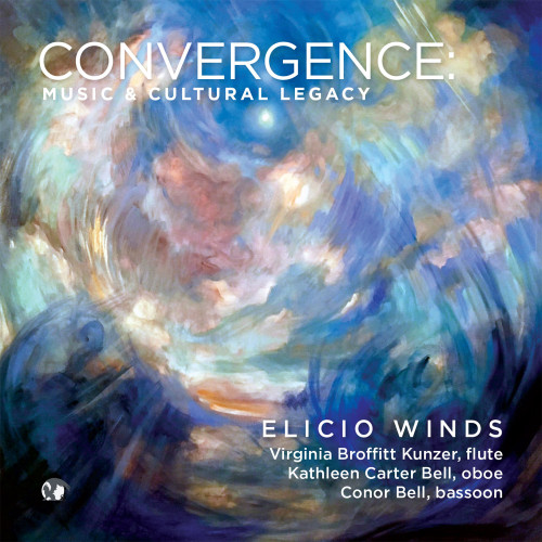 Cover of Elicio Winds’s Blue Griffin Recording album “Convergence: Music & Cultural Legacy”, featuring an abstract painting of a land/skyscape.
