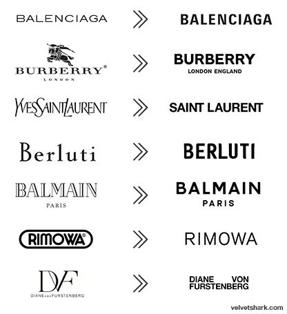 This image shows a comparison between old and new logo designs for various luxury fashion brands. On the left side are the older logos, and on the right side are the updated versions. The brands displayed are Balenciaga, Burberry, Yves Saint Laurent (old) to Saint Laurent (new), Berluti, Balmain, Rimowa, Diane von Furstenberg (DVF with old branding, and full name spelled out in the new design). Each pair demonstrates a trend towards more minimalist and streamlined branding in the fashion industry.