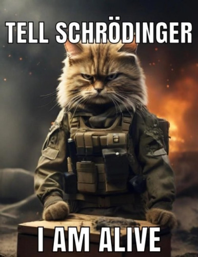 A picture of a cat in full special forces uniform, looking grumpy, and the text "Tel Schroedinger I am alive"