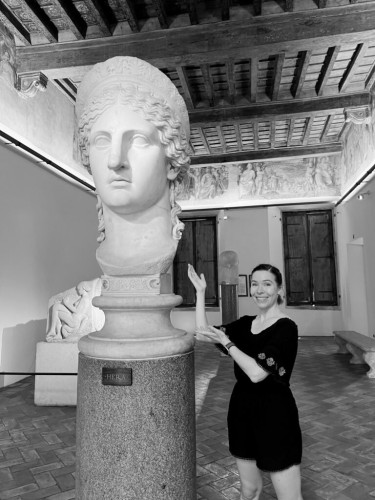 Dr G standing next to the Ludovisi Juno. The sculpture head is about ten times larger than life (at least)!