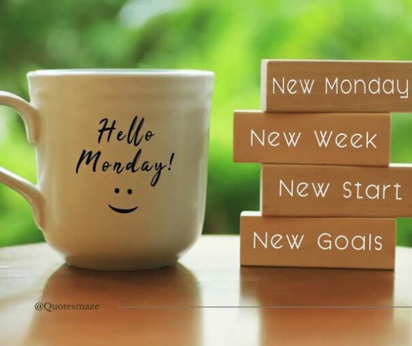 Picture of a coffee cup that has Hello Monday! and a smiley face on it. The coffee cup is to the left. On the right there 4 rectangular blocks that say; New Monday, New Week, New Start, New Goals.