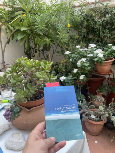 The book ‘Early Music: a very short introduction’ seen in a verdant Palermitano roof terrace.