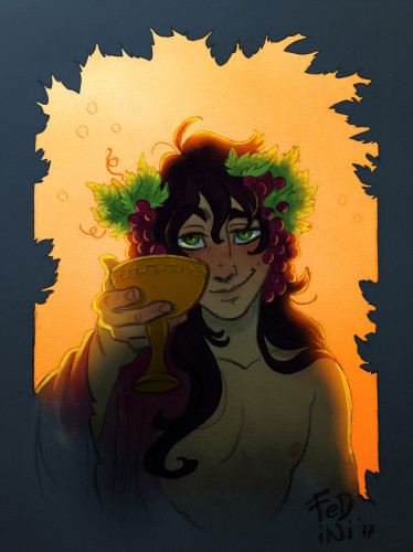 A coloured drawing of Dionysos. He wears a crown of vine with heavy clusters of grapes hanging down on each side of his face. He smiles as you as he extends his hand with a golden cup towards you.