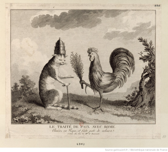 Satiric drawing of a cat with an episcopal hat hat a cock. Beneath it it says: Le traité de paix avec Rome.
