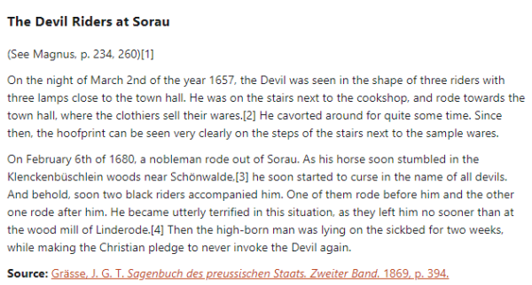 German folk tale "The Devil Riders at Sorau". Drop me a line if you want a machine-readable transcript!
