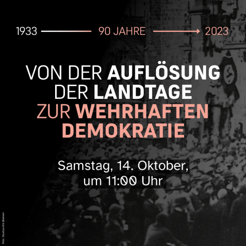 Die Veranstaltungseinladung zur Lesung am 14. Oktober. Im Hintergrund ist ein Bild von Bremen 1933 mit dem Roland. Im Vordergrund ist der Titel in weißer und roter Schrift.