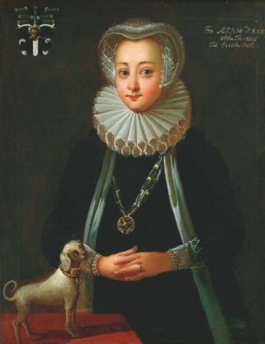 A painted portrait of Sophie Brahe, scientist, astronomer, and youngest sister of Tycho Brahe. She stands behind a table, her hands clasped in front of her stomach. She has an expectant look on her face, almost like she's waiting for you to say something. She wears a dark colored gown and there is a tiny dog-like creature on the table, gazing adoringly at her.