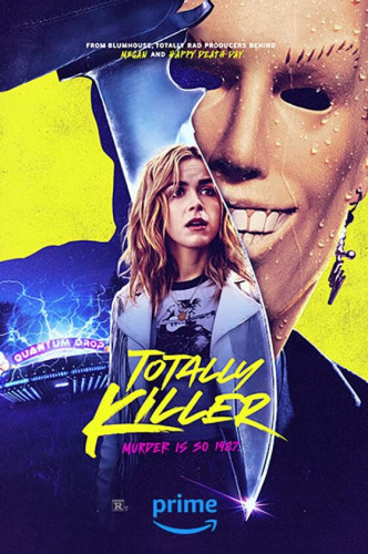 The poster for "Totally Killer". The main character stands in the silhouette of the masked killer. Behind her is an abandoned amusement park