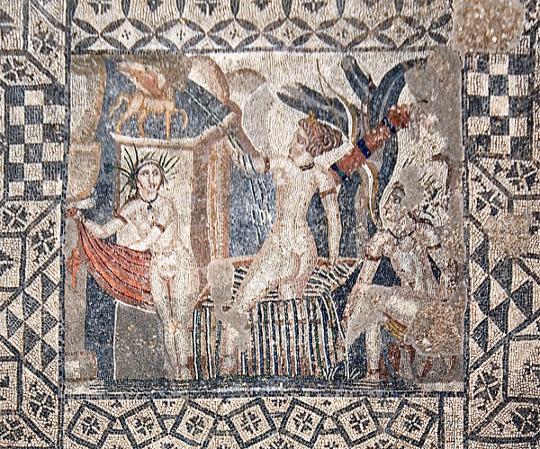 Mosaic panel with a geometric styled border in black and white. The central scene shows three women bathing nude - the central figure is interpreted as the goddess Diana (Artemis). In the distance is a horse which may indicate Actaeon’s presence.
