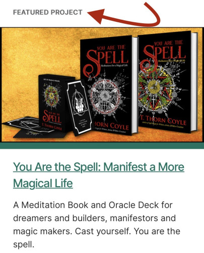 Screenshot of Featured Project showing books and an oracle deck. You Are the Spell.