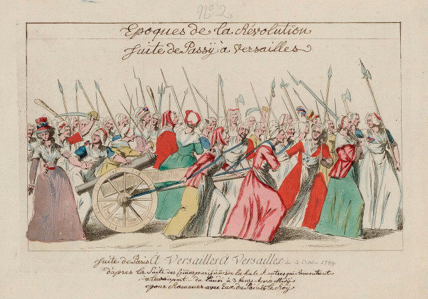 A contemporary drawing depicting the Women's March. Many women, brandishing spears, bayonets, and swords (even a cannon is being dragged in the foreground) are marching.
