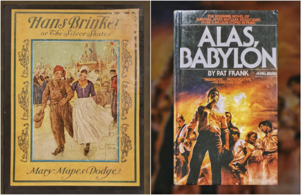 A composite image of two photos of vintage books, arranged side-by-side.

On the left is a 1925 edition of Hans Brinker or The Silver Skates by Mary Mapes Dodge – A dark blue cloth hardcover with original pasted-on cover art and titling. The top right corner and upper open edge of the pastedown show surface wear and color loss from past water damage. The art shows a happy young old-world Dutch couple ice-skating outdoors in a busy marketplace or festival setting.

On the right is a 1980s edition of ALAS, BABYLON BY PAT FRANK. Cover blurbs state: THE STUNNING NOVEL OF SURVIVAL AFTER NUCLEAR HOLOCAUST. OVER 2 MILLION COPIES IN PRINT. "INGENIOUS...PROVOCATIVE." says THE NEW YORK TIMES. This is a PERMA-BOUND edition which is a paperback that has been commercially produced with a durable hard cover for library and classroom settings. The illustrated cover shows minor age-wear. The art depicts a group of six grim young adults. Behind them is a darkened and fiery orange sky.