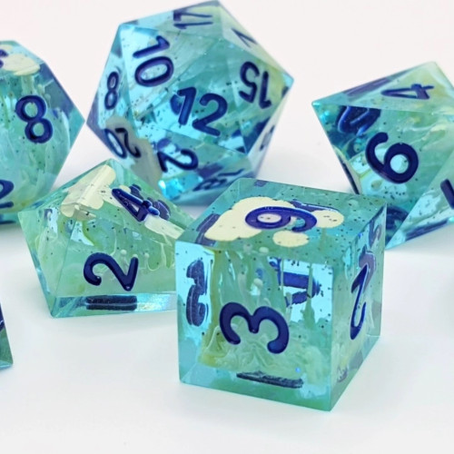 A set of polyhedral dice. Base color is aquamarine with yellow petri tendrils and fine green glitter. Numbers painted a royal blue.