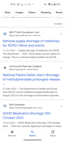 Screenshot from a Google search showing a number of recently published pages about a shortage of many different ADHD medication in the UK