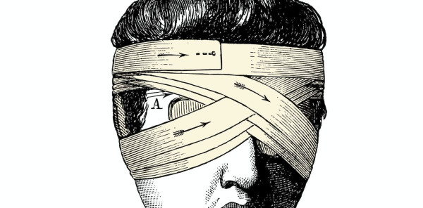 A drawing of a man's head with bandages wrapped around the top of his head. 