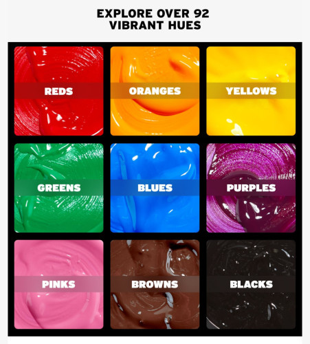 A 3x3 square of paint colors labeled reds, oranges, yellows, greens, blues, purples, pinks, browns, blacks. It's a screenshot from an advertisement for Nova Color Paints that happens to have the colors discussed in the book.