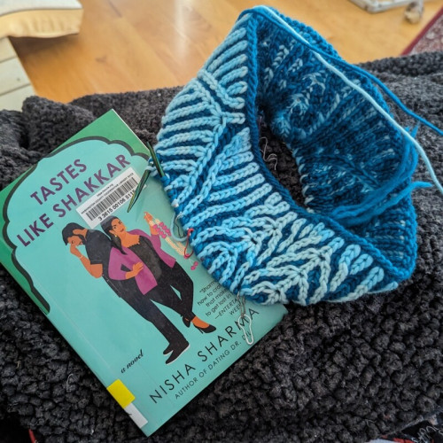 A copy of the book Tastes Like Shakkar which features a young couple standing next to each other, with the woman looking confident and the man holding his hand against his forehead. On top of that is a partially finished brioche knit cowl in light blue and teal.
