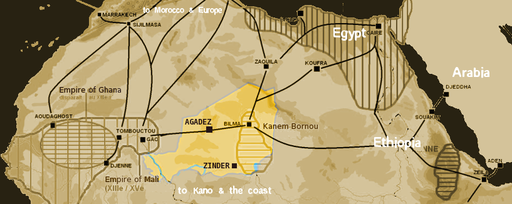 Map showing the main trans-Saharan caravan routes circa 1400. Also shown are the Ghana Empire (until the 13th century) and 13th – 15th century Mali Empire. Note the western route running from Djenné via Timbuktu to Sijilmassa. Present day Niger in yellow.