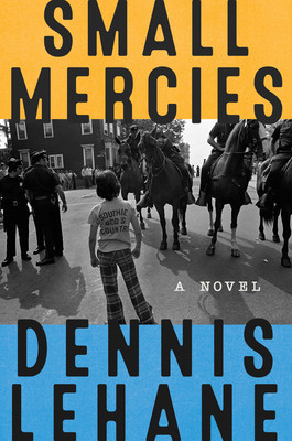 Cover design of "Small Mercies". Bold  typography on orange and blue bars. In between monochrome photography is laid out.