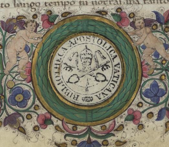You see a detail of the library stamp of the Vatican library fitted into a miniature of a fifteenth century manuscript page.
