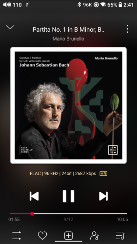 Screenshot of HiRes audio player with album cover from Mario Brunello's Bach: Sonatas and Partitas for Solo Violoncello Piccolo. The album cover shows Mario with a cello case in the background and he is holding what seems to be a stem with a green leaf at the top. Not sure what a leaf has to do with Bach.