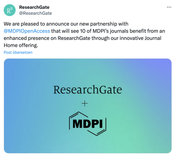Screenshot of announcement of partnership ResearchGate and MDPI
