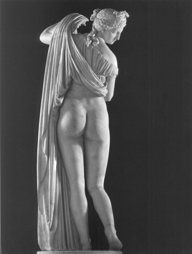 Photograph of the Aphrodite Kallypygos sculpture, the white marble shot against a dark grey background. The sculpture is shown from behind, the ample buttocks on full display.