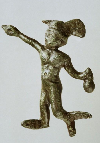 Bronze figure of the Roman god Mercurius. He is holding a purse and has a winged feet and his winged helmet.