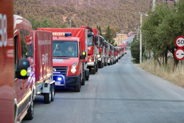 A line of dozens of fire engines and lorries move on a country road. 