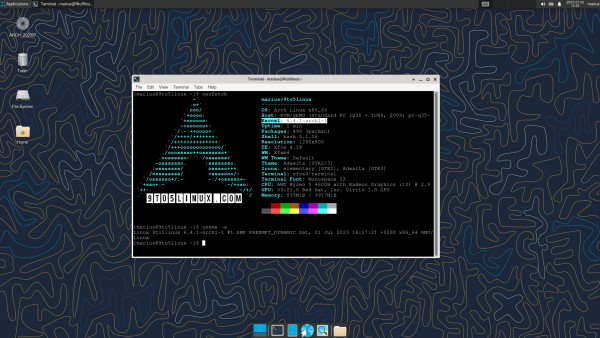 Screenshot of Arch Linux showing the Xfce Terminal app which shows the output of the neofetch command.