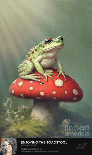 This is a vertical image of an adorable bullfrog sitting on a toadstool getting some rays of morning sunlight!