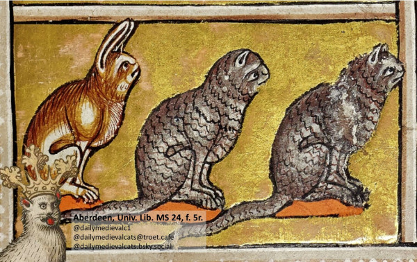 Picture from a medieval manuscript: A rabbit and two gray cats