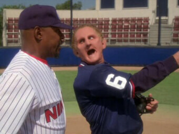 Odo as umpire throws sisko out of field. Both in baseball uniforms 